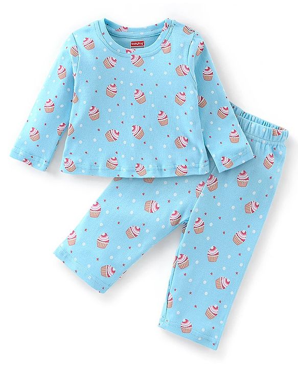 Babyhug Cotton Knit Full Sleeves Night Suit With Cup Cake Print - Blue