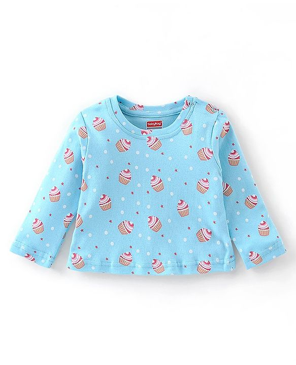Babyhug Cotton Knit Full Sleeves Night Suit With Cup Cake Print - Blue