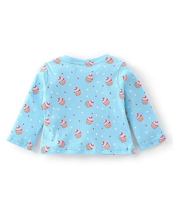 Babyhug Cotton Knit Full Sleeves Night Suit With Cup Cake Print - Blue