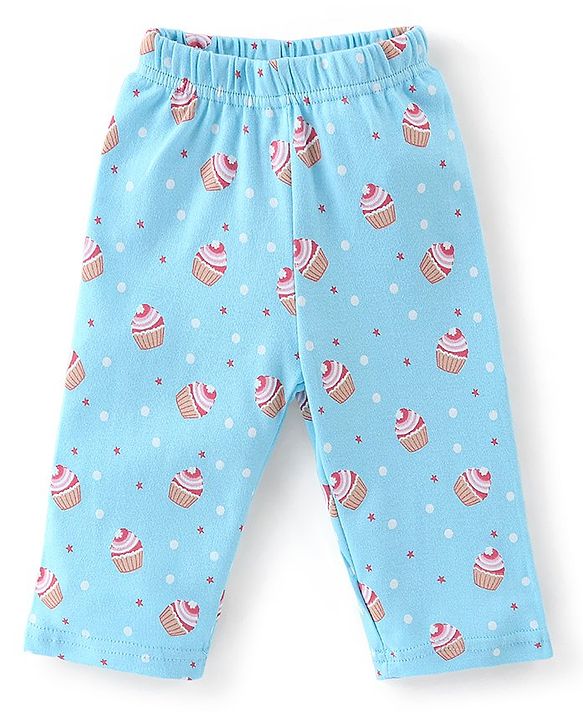Babyhug Cotton Knit Full Sleeves Night Suit With Cup Cake Print - Blue
