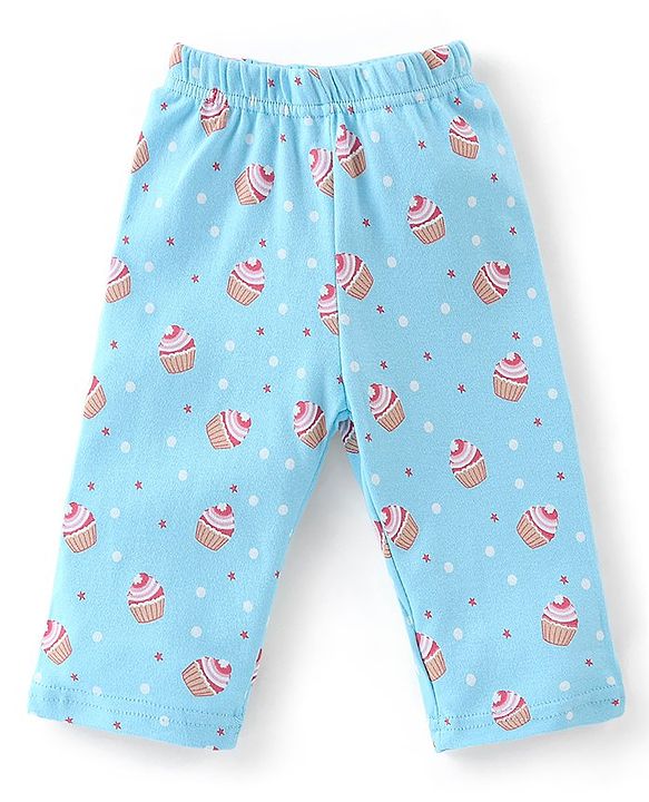 Babyhug Cotton Knit Full Sleeves Night Suit With Cup Cake Print - Blue