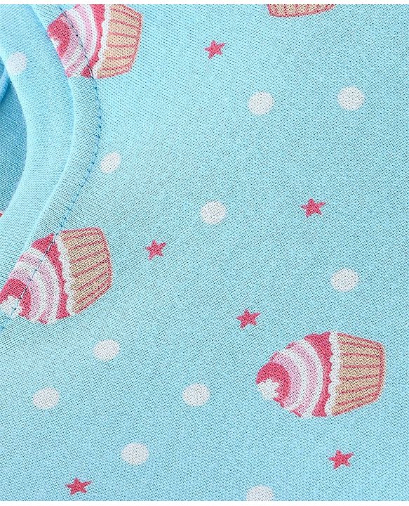Babyhug Cotton Knit Full Sleeves Night Suit With Cup Cake Print - Blue
