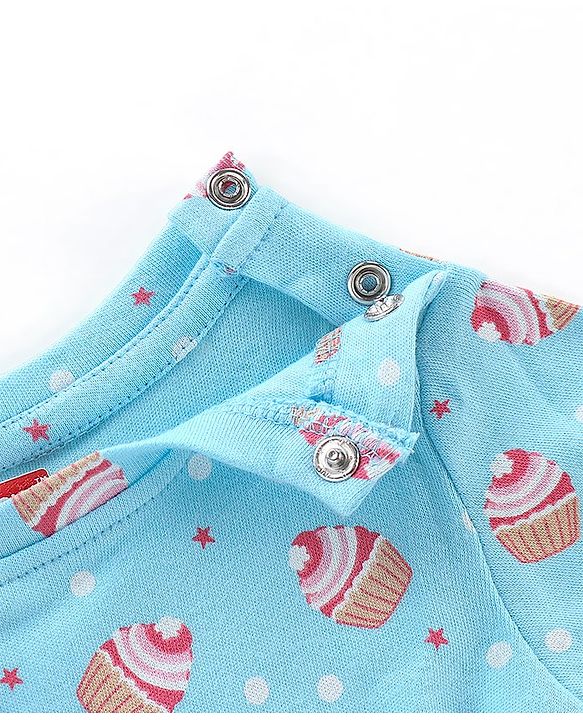 Babyhug Cotton Knit Full Sleeves Night Suit With Cup Cake Print - Blue