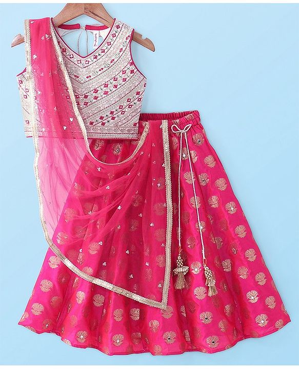Babyhug Sleeveless Mirror Embroidered Choli with Brocade Lehenga Set With Dupatta - Fuchsia & White