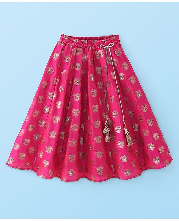 Babyhug Sleeveless Mirror Embroidered Choli with Brocade Lehenga Set With Dupatta - Fuchsia & White