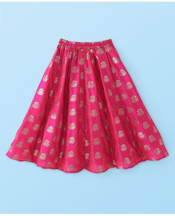 Babyhug Sleeveless Mirror Embroidered Choli with Brocade Lehenga Set With Dupatta - Fuchsia & White
