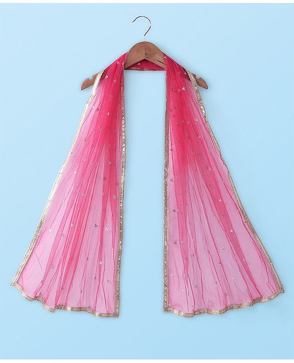 Babyhug Sleeveless Mirror Embroidered Choli with Brocade Lehenga Set With Dupatta - Fuchsia & White