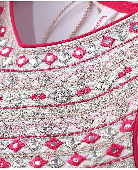 Babyhug Sleeveless Mirror Embroidered Choli with Brocade Lehenga Set With Dupatta - Fuchsia & White