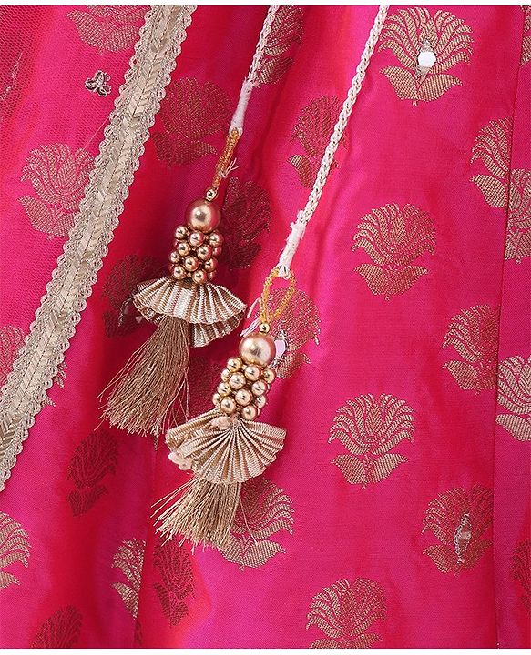 Babyhug Sleeveless Mirror Embroidered Choli with Brocade Lehenga Set With Dupatta - Fuchsia & White