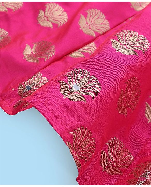 Babyhug Sleeveless Mirror Embroidered Choli with Brocade Lehenga Set With Dupatta - Fuchsia & White