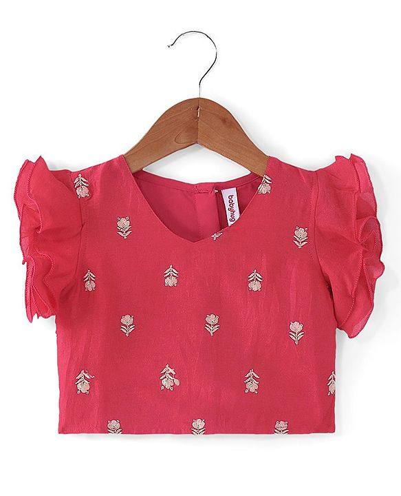 Babyhug Short Sleeve Floral Embroidered Lehenga Choli and Dupatta Set - Pink