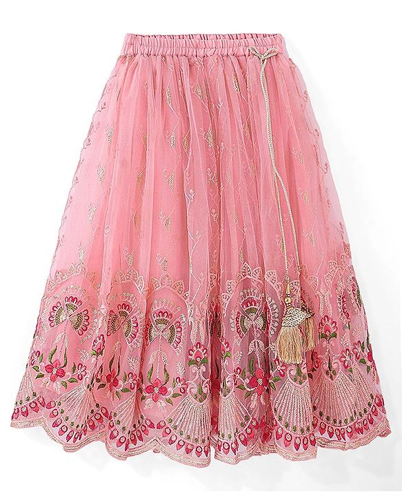 Babyhug Short Sleeve Floral Embroidered Lehenga Choli and Dupatta Set - Pink