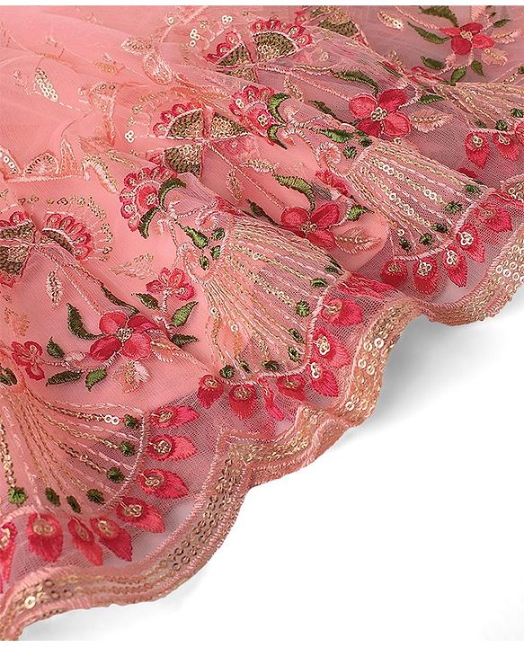 Babyhug Short Sleeve Floral Embroidered Lehenga Choli and Dupatta Set - Pink