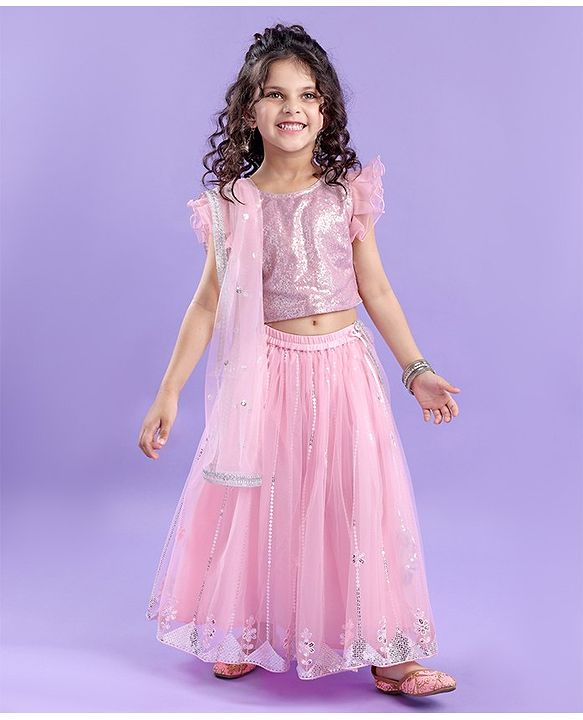 Babyhug Half Sleeve Sequined Choli Lehenga and Dupatta Set - Light Pink