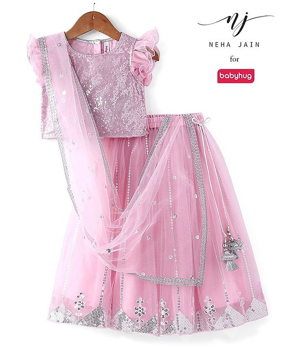 Babyhug Half Sleeve Sequined Choli Lehenga and Dupatta Set - Light Pink