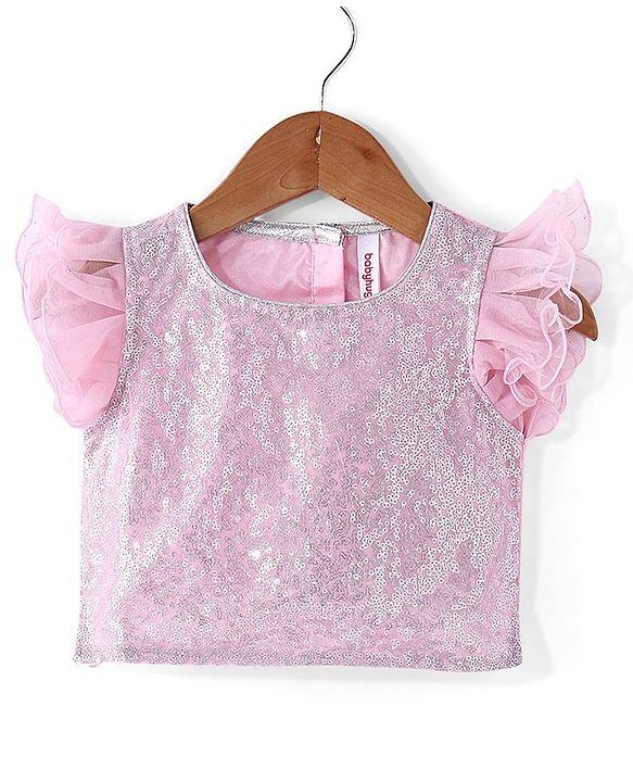 Babyhug Half Sleeve Sequined Choli Lehenga and Dupatta Set - Light Pink