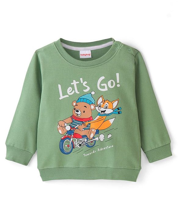 Babyhug 100% Cotton Knit Full Sleeves Sweatshirt With Teddy & Fox Graphics - Green