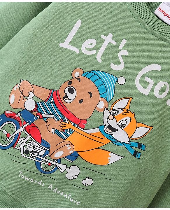 Babyhug 100% Cotton Knit Full Sleeves Sweatshirt With Teddy & Fox Graphics - Green