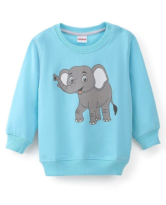 Babyhug 100% Cotton Full Sleeves Sweatshirt With Graphics Elephant Print - Blue