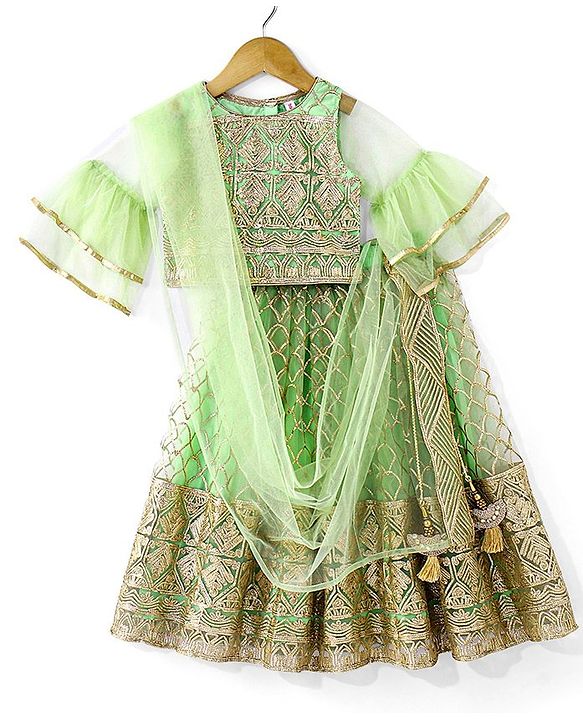 Babyhug Short Sleeve Sequined with Zari Embroidered Choli Lehenga  and Dupatta Set - Lime Green