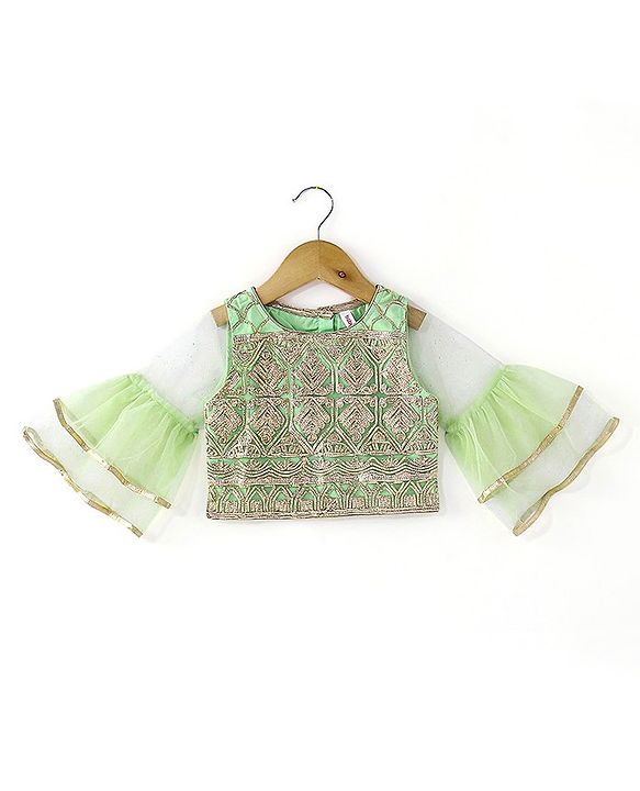 Babyhug Short Sleeve Sequined with Zari Embroidered Choli Lehenga  and Dupatta Set - Lime Green