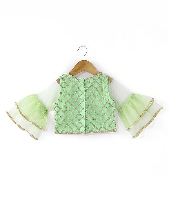 Babyhug Short Sleeve Sequined with Zari Embroidered Choli Lehenga  and Dupatta Set - Lime Green