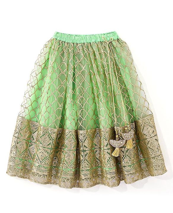 Babyhug Short Sleeve Sequined with Zari Embroidered Choli Lehenga  and Dupatta Set - Lime Green