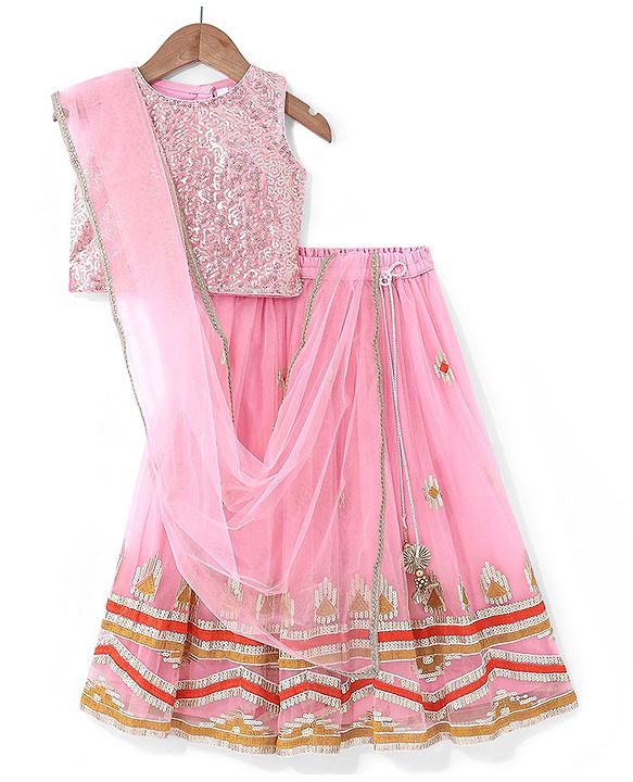 Babyhug Half Sleeveless Sequenced Choli & Lehenga with Dupatta Set - Pink