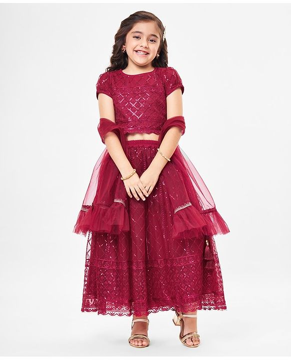 Babyhug Half Sleeves Sequenced Choli & Lehenga  with Dupatta Set - Maroon