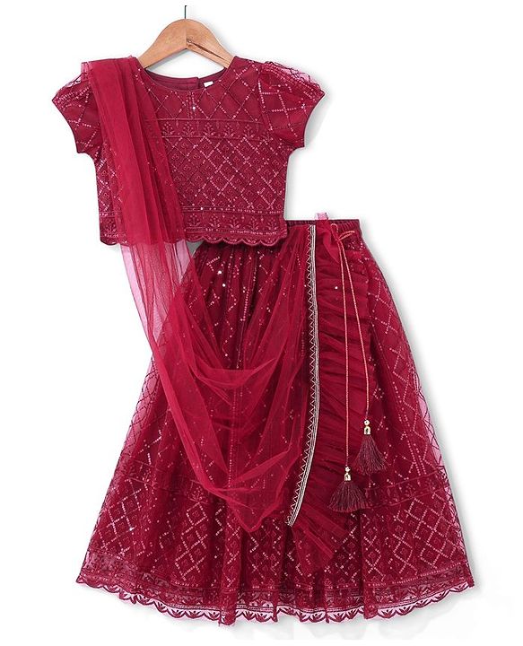 Babyhug Half Sleeves Sequenced Choli & Lehenga  with Dupatta Set - Maroon