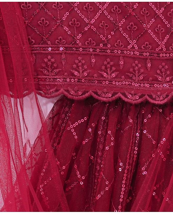 Babyhug Half Sleeves Sequenced Choli & Lehenga  with Dupatta Set - Maroon