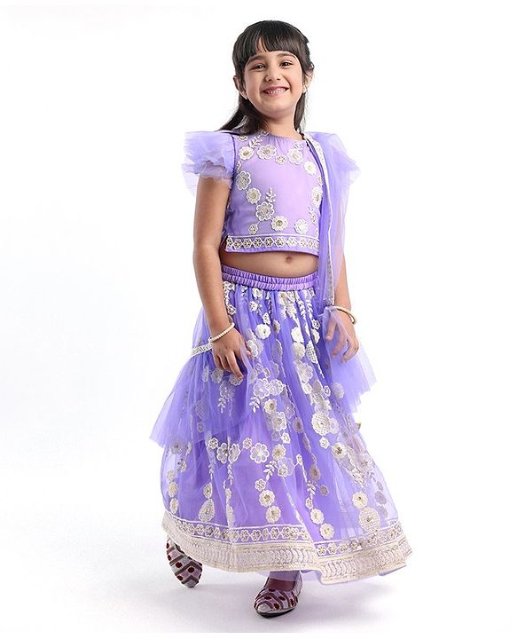 Babyhug Woven Half Sleeves Floral Sequenced Choli With Embroidered Lehenga And Dupatta Set - Purple