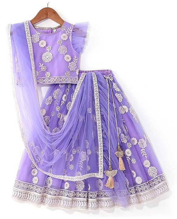 Babyhug Woven Half Sleeves Floral Sequenced Choli With Embroidered Lehenga And Dupatta Set - Purple
