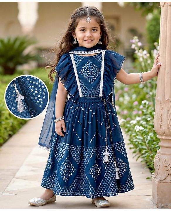 Babyhug Woven Half Sleeves Mirror Embroidered Net Choli Lehenga & Dupatta -Teal