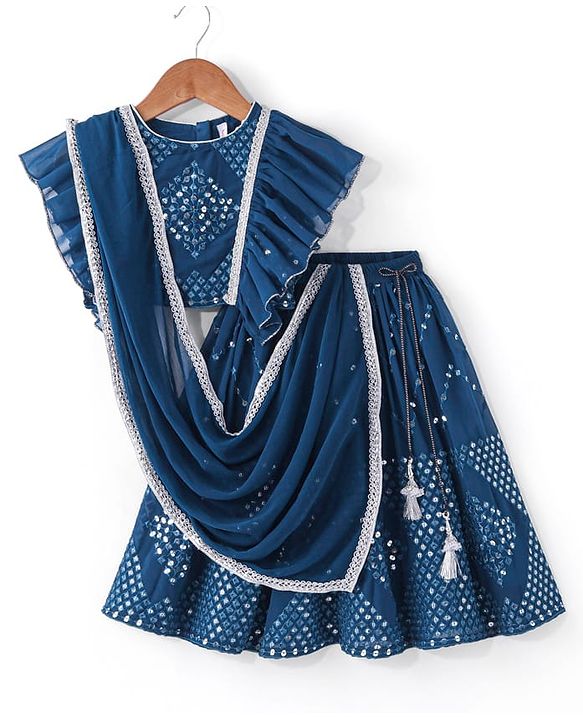 Babyhug Woven Half Sleeves Mirror Embroidered Net Choli Lehenga & Dupatta -Teal