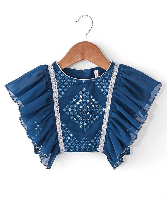 Babyhug Woven Half Sleeves Mirror Embroidered Net Choli Lehenga & Dupatta -Teal