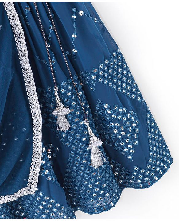 Babyhug Woven Half Sleeves Mirror Embroidered Net Choli Lehenga & Dupatta -Teal