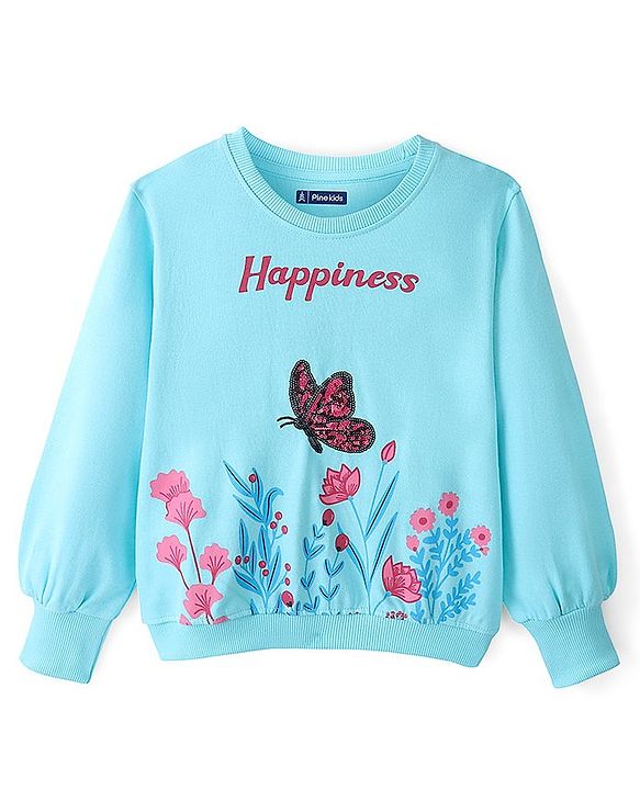 Pine Kids Cotton Knit Full Sleeves Bio Washed Sequined Sweatshirt with Floral Print - Turquoise