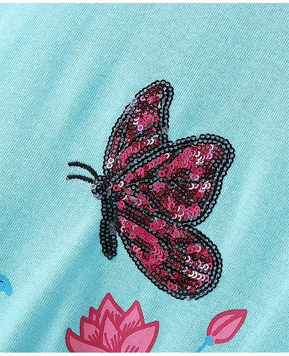 Pine Kids Cotton Knit Full Sleeves Bio Washed Sequined Sweatshirt with Floral Print - Turquoise