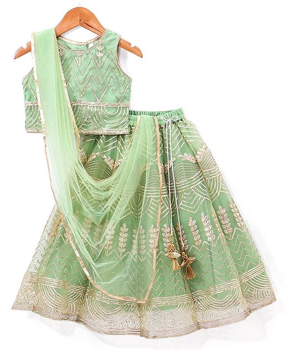 Babyhug Sleeveless Zari Embroidered Choli Lehenga & Dupatta Set - Green