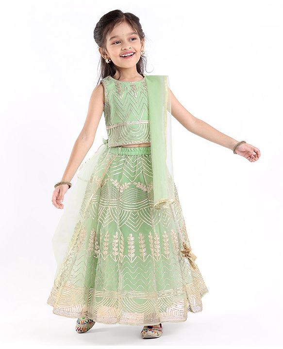 Babyhug Sleeveless Zari Embroidered Choli Lehenga & Dupatta Set - Green