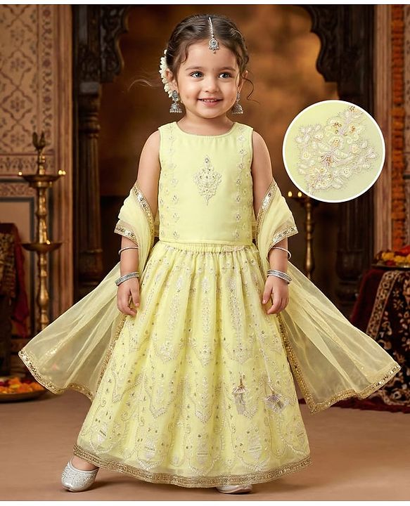 Babyhug Sleeveless Choli with Thread Embroidered Lehenga  and Dupatta Set - Yellow