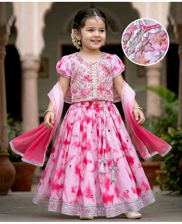 Babyhug Half Sleeves Mirror Embroidered Choli with Tie & Dye Lehenga Set With Dupatta - White & Pink