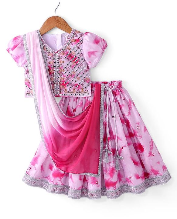 Babyhug Half Sleeves Mirror Embroidered Choli with Tie & Dye Lehenga Set With Dupatta - White & Pink