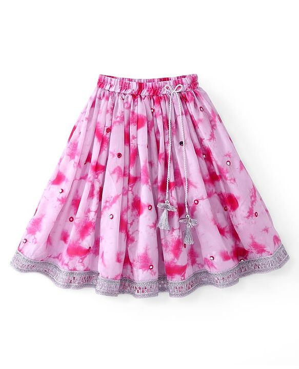 Babyhug Half Sleeves Mirror Embroidered Choli with Tie & Dye Lehenga Set With Dupatta - White & Pink