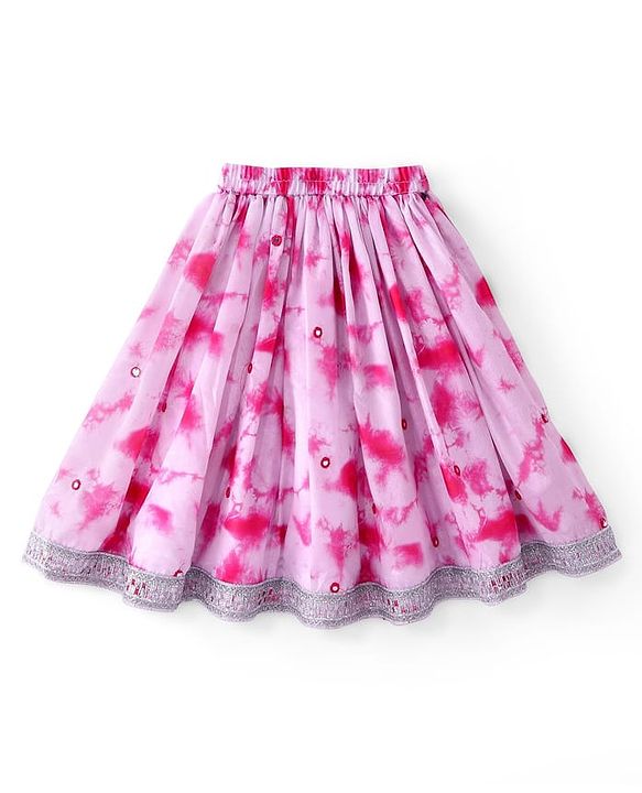 Babyhug Half Sleeves Mirror Embroidered Choli with Tie & Dye Lehenga Set With Dupatta - White & Pink