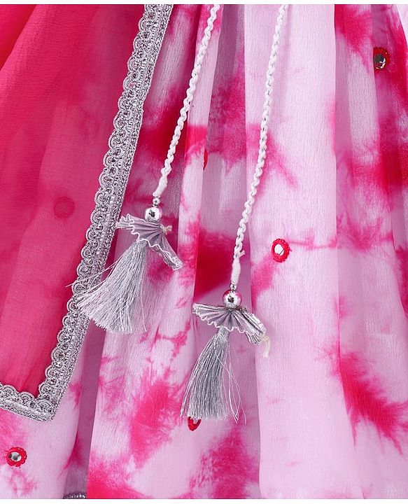 Babyhug Half Sleeves Mirror Embroidered Choli with Tie & Dye Lehenga Set With Dupatta - White & Pink