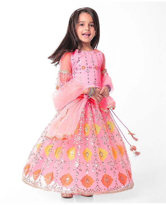 Babyhug Half Sleeves Embroidered Choli with Embroidered Lehenga and Dupatta Set  - Peach