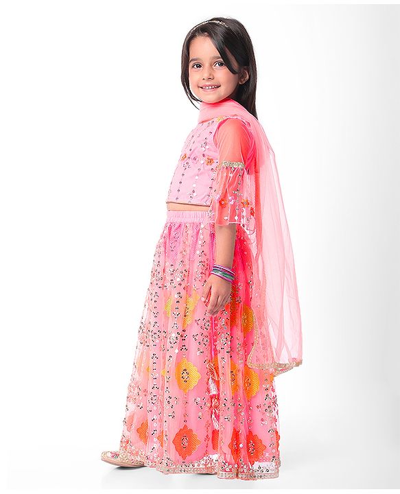 Babyhug Half Sleeves Embroidered Choli with Embroidered Lehenga and Dupatta Set  - Peach