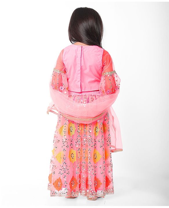 Babyhug Half Sleeves Embroidered Choli with Embroidered Lehenga and Dupatta Set  - Peach
